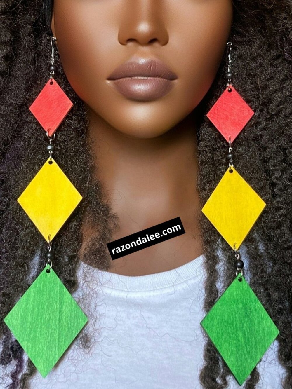 Elongated Dangle Earrings Diamond Rasta Colors by Razonda Lee